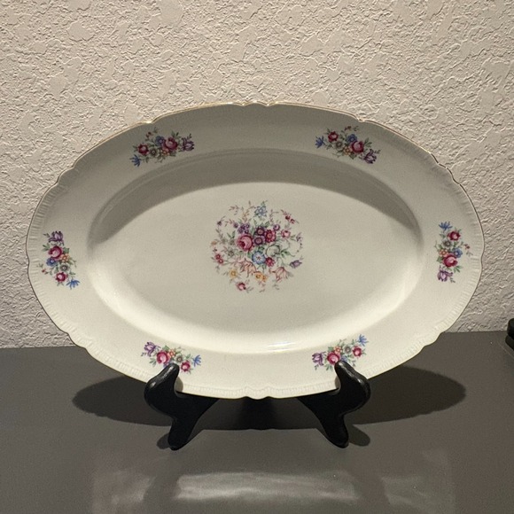 Unmarked Other - Vintage Bouquet Floral Platter Made in Czechoslovakia Scalloped Gold Trim